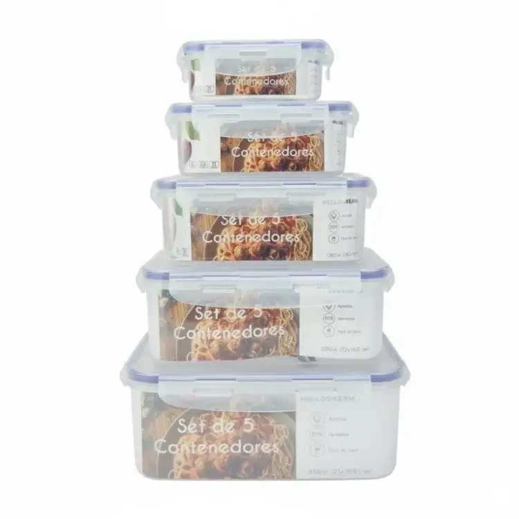 Set 5 Tuppers con tapa de linea azul Herméticos Hellodream Apilables para Alimentos