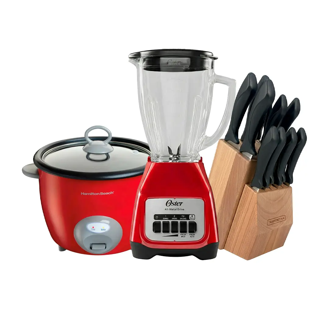 Combo cocina completa- Arrocera Hamilton + Licuadora Oster + juego de cuchillos Tramontina